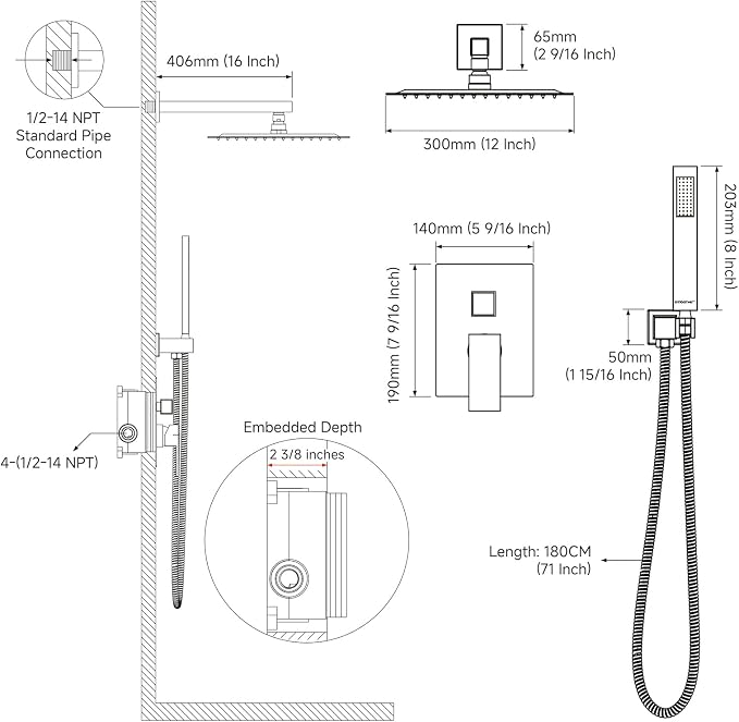 EMBATHER Shower System Chrome Shower Faucet Sets with 12" Rain Shower Head For Bathroom, Wall Mounted Square Shower Combo Set With Adjustable Handheld Bracket (Contain Rough-in Valve & Trim)