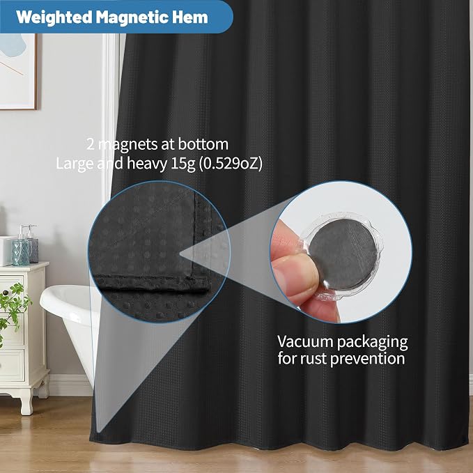 2-in-1 Waterproof Fabric Shower Curtain - No Separate Liner Needed, Hotel-Style Waffle Weave, Effortless Cleaning & Washable Bathroom Shower Curtain Set,72Wx72H,Black