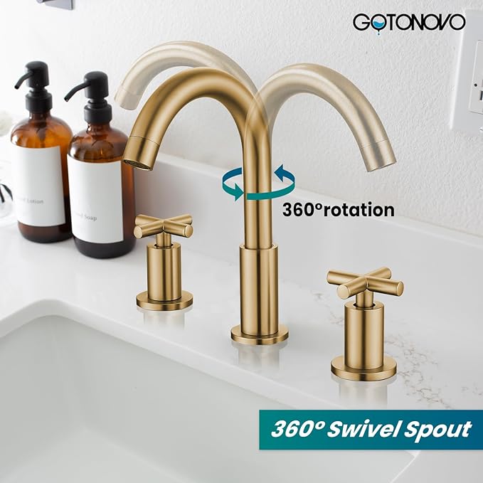 gotonovo 3 Hole Bathroom Faucet 8 inch Widespread Sink Vanity Faucet for Bathroom Sink 2 Cross Handle Deck Mount Basin with Pop Up Drain 360° Swivel Spout Brushed Gold