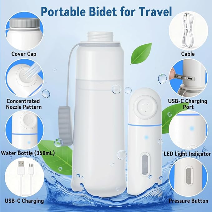 SHINKAI Portable Electric Travel Bidet, Rechargeable Handheld Peri Bottle with Dual Water Pressure Modes, 350ml Capacity Waterproof Personal Hygiene Washer for Postpartum Care, Travel & Everyday Use
