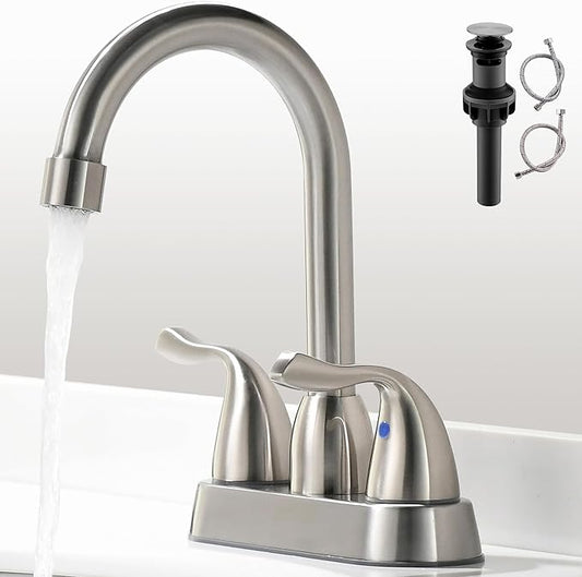 2 Handle Brushed Nickel Bathroom Sink Faucet - 4 Inch Centerset Faucet Bathroom 2 or 3 Hole Lavatory Faucet Bathroom Vanity Sink Faucets with Pop-up Drain and Supply Lines