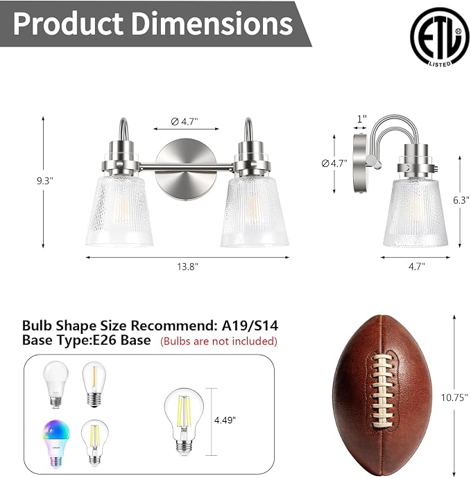 2-Light Brushed Nickel Bathroom Light Fixtures 13.8 Inch Vanity Lights for Bathroom Lighting Fixtures Over Mirror with Clear Striped Glass Shade for Bedroom Hallway Cabinet Porch
