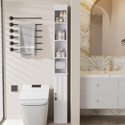 VECELO 71" Tall Bathroom Storage Cabinet, Narrow Storage Cabinet with Adjustable Shelves, Toilet Paper Rod and Magnetic Door, Freestanding Slim Bathroom Storage Cabinets for Small Space, White