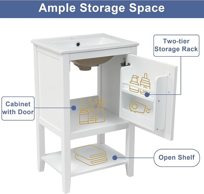 Bathroom Vanity with Sink 20 Inch, Cabinet with Two-Tier Door Shelf Rack & Open Storage, Solid Wood Legs, White