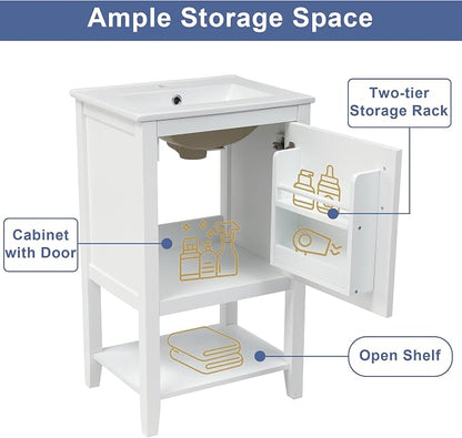 Bathroom Vanity with Sink 20 Inch, Cabinet with Two-Tier Door Shelf Rack & Open Storage, Solid Wood Legs, White