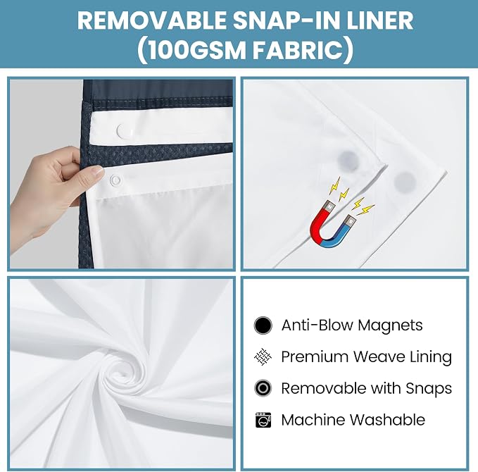 SORTTO No Hook Shower Curtain with Snap in Liner Set Waffle Shower Curtain for Bathroom Hotel Style Fabric Waterproof Inner Liner，71" W x 86" H, Navy Blue