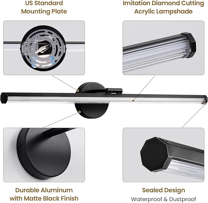 KAISITE Bathroom Vanity Light Over Mirror - 30 Inch Black Vanity Light Fixture 24W 4000K Dimmable Modern LED Vanity Lighting Fixture Rotatable Bath Vanity Light Bar for Bathroom