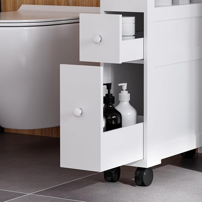 HOMCOM 6.25" x 20.5" x 28.25" Wood Rolling Narrow Bathroom Side Storage Cabinet - White