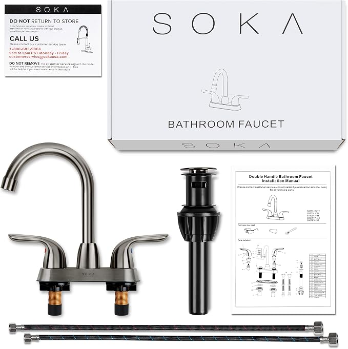 SOKA Two Handles Centerset Bathroom Faucet for Sink High Arc Stainless Steel with Deck Plate & Pop-Up Drain Assembly Fit 3 Hole Installation, Metallic Grey