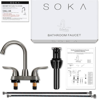 SOKA Two Handles Centerset Bathroom Faucet for Sink High Arc Stainless Steel with Deck Plate & Pop-Up Drain Assembly Fit 3 Hole Installation, Metallic Grey