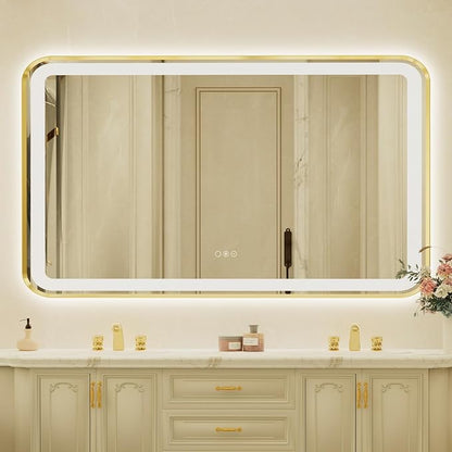 36x60 Inch LED Bathroom Mirror with Gold Frame,Front and Backlit Vanity Mirror, Stepless Dimmable Wall Mirrors with Anti-Fog, 3 Colors, Memory, Waterproof, LED Smart Bathroom Mirror