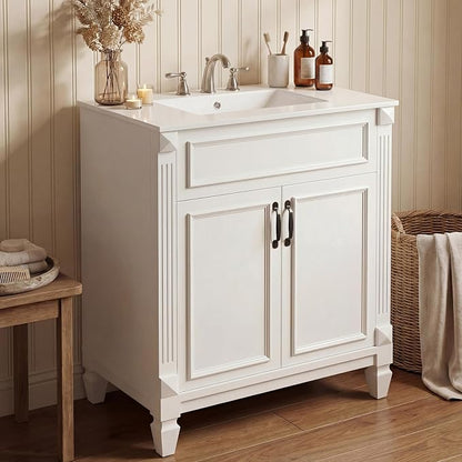 Sweetcrispy 30" Bathroom Vanity with Sink, Bathroom Storage Vanity Sink with 2 Doors, Farmhouse Wooden Free Standing Bathroom Cabinet with Sink, Easy Assembly, NO Mirror Faucet, Ivory & White