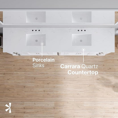 Eviva Epic 100 in. White Double Sink Bath Vanity with Carrara Quartz Top and Undermount Porcelain Sinks