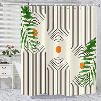 Boho Mid Century Modern Shower Curtain, Abstract Arch Leaf Minimalist Sun Beige Machine Washable Waterproof Fabric for Bathroom Bathtub with Hooks 72x72