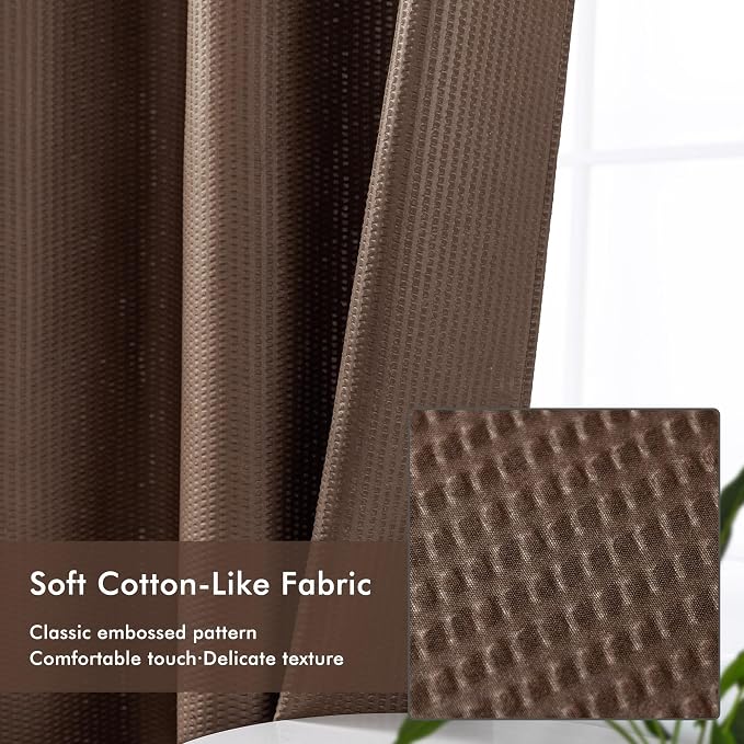 No Hook Shower Curtain with Snap-in Liner, Embossed Waffle Design Fabric Shower Curtain for Bathroom, Soft & Lightweight, 71x74, Chocolate