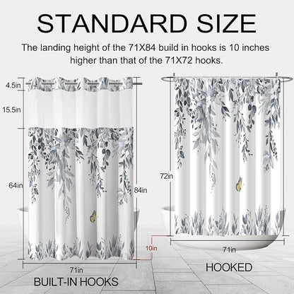 No Hook Shower Curtain and Liner Set, Blue Grey Eucalyptus 71x84 | Floral Design, with Snap in Liner, See-Through Top Window, Waterproof, Machine Washable, Quick-Drying, for Hotel Bathroom