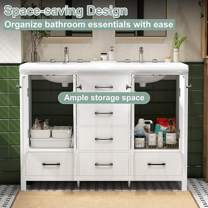 48 Inch Bathroom Vanity with Sink, White Bathroom Vanity Cabinet with Doulble Sink, Bath Vanities with 4 Doors and 5 Drawers, 20" D x 48" W x 36" H