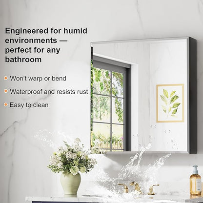 28 x 30 Inch Large Medicine Cabinet with Mirror, Black Aluminum Bathroom Cabinet with Storage, Oversized Single Door Tempered Beveled Glass, Recessed or Surface Mount, Adjustable Shelves