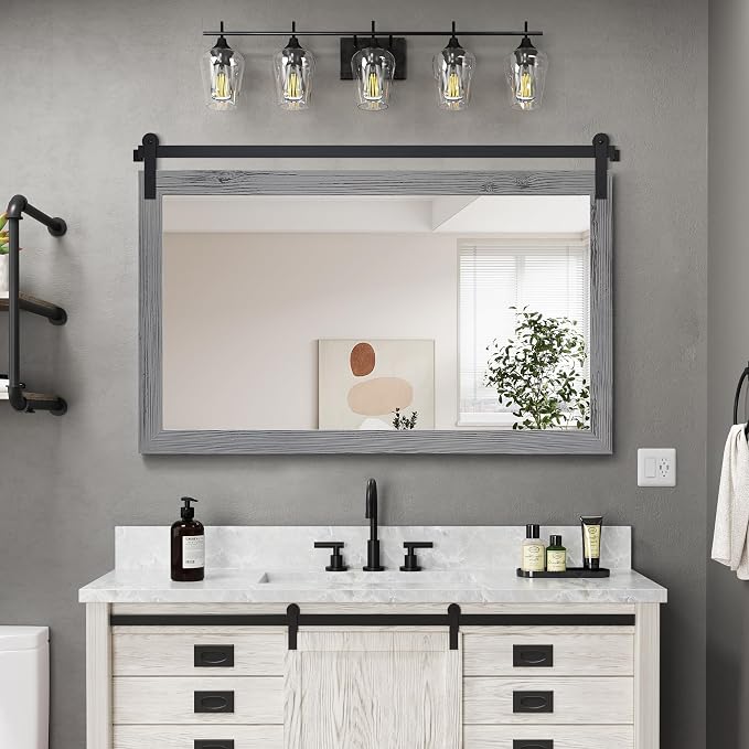 COGOOD Farmhouse Bathroom Mirrors for Over Sink - 30 x 45 Grey | Rustic Barn Door Wood Framed Vanity Mirror for Entryway, Living Room, Bedroom, Dresser Wall Decor