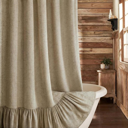 Farmhouse Shower Curtain Ruffle Linen Flax Khaki 72" W x 72" L | Linen Fabric, Farmhouse Boho, Bottom Ruffle, Rustic, Country, Natural Look, Washable, Shower Curtain for Bathroom Bathtub