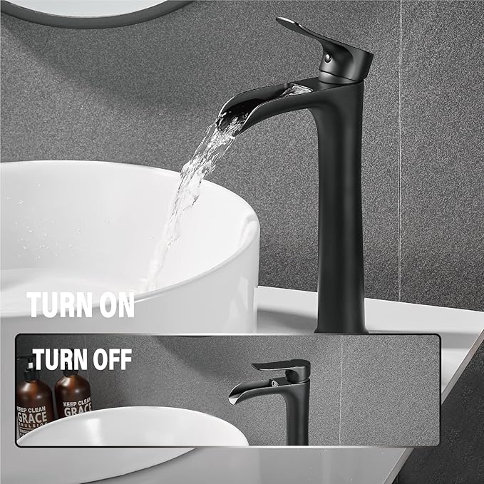YUNDOOM Matte Black Vessel Sink Faucet, Deck Mount, Single Hole, Waterfall Design, Easy Installation, Durable, Drip-Free, Ceramic Disc Cartridge Valve, Solid Brass Material