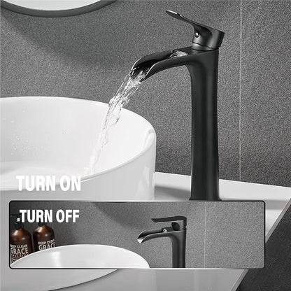 YUNDOOM Matte Black Vessel Sink Faucet, Deck Mount, Single Hole, Waterfall Design, Easy Installation, Durable, Drip-Free, Ceramic Disc Cartridge Valve, Solid Brass Material