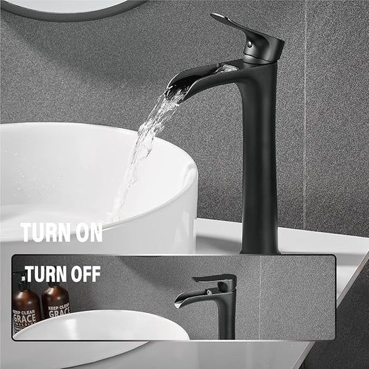 YUNDOOM Matte Black Vessel Sink Faucet, Deck Mount, Single Hole, Waterfall Design, Easy Installation, Durable, Drip-Free, Ceramic Disc Cartridge Valve, Solid Brass Material