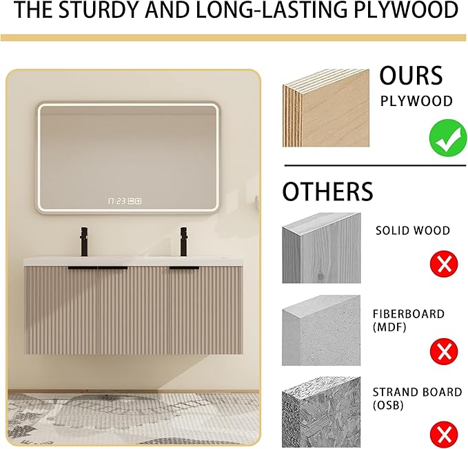 Malwee 48" Bathroom Vanity with Sink, 48 inch Double Sink Floating Vanity, Wall Mounted Bathroom Basin Cabinet Combo, Modern Khaki Bath Vanity Cabinet Set with Storage(MA10348DKH)