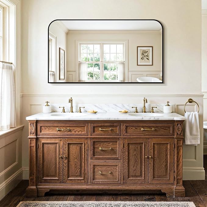 Black Bathroom Vanity Mirror 55x30 Inch, Metal Framed | HD Tempered Glass, Bathroom Mirror for over Sink, Living Room, Bedroom, Entryway, Mantel, Fireplace, Wall Mounted