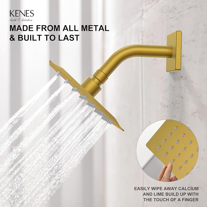 KENES Shower Set with Tub Faucet, Brushed Gold Tub Shower Faucet Set | Shower Faucet with 6-Inch Rain Shower Head, Square Shower System, Valve Included, Lead-Free cUPC & NSF Certified, Stainless