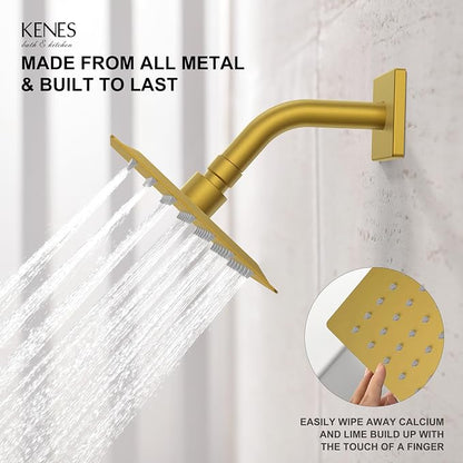 KENES Shower Set with Tub Faucet, Brushed Gold Tub Shower Faucet Set | Shower Faucet with 6-Inch Rain Shower Head, Square Shower System, Valve Included, Lead-Free cUPC & NSF Certified, Stainless