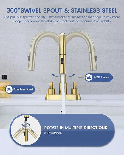 Bathroom Faucet with Pull Out Sprayer, 3 Holes Pull Down Gold Faucet | Stainless Steel Lead-Free, 4 Inch Centerset Vanity Faucet, 2 Handle, 3 Hole Gold Faucet for RV Laundry Restroom