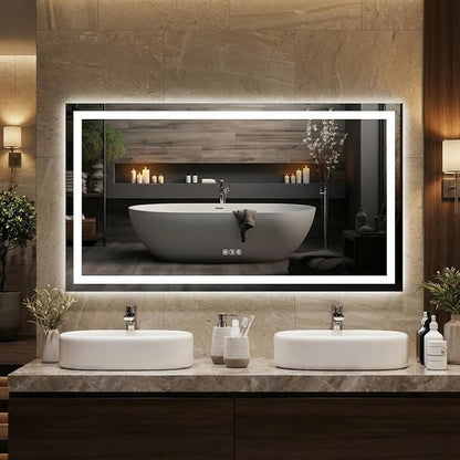 LED Bathroom Mirror 50 x 28 inch, Lighted Bathroom Vanity Mirror with Front Light and Backlit Ambient LED, Frameless Wall Mounted Mirror with Adjustable Color Temperature