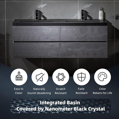 Woodbridge 59 in. W x 19-5/8 in. D Wall Mounted Floating Bathroom Vanity in Gray with Quartz Sand Composite Vanity Top in Matte Black