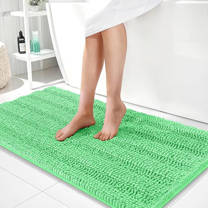 OLANLY Thick Bathroom Runner Rugs 44x24, Chenille Bath Rugs, Mint Green | Absorbent Striped, Rubber Backing, Machine Wash, Long Bath Mats for Bathroom Floor, Tub and Shower, Home Decor Accessories