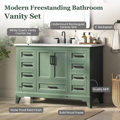48 Inch Fully Assembled Bathroom Vanity with Sink, Sage Green | Modern Solid Wood Freestanding Vanity for Bathroom, Quartz Top & Backsplash, Soft-Close Doors, Dovetail Drawers, Bath Upgrade