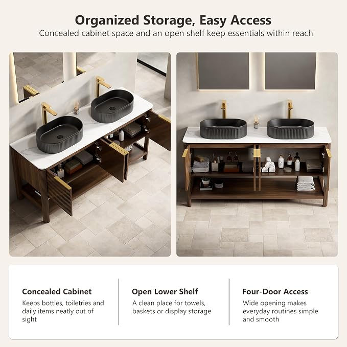 Yayzy 60 Inch Double Sink Bathroom Vanity, Dark Walnut Bathroom Cabinet with Double Matte Black Oval Vessel Sinks, Carrara White Sintered Stone Countertop, Soft Close Doors, Open Storage Shelf