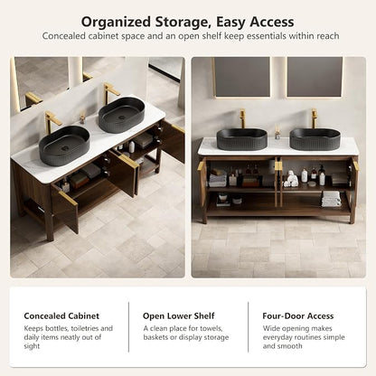 Yayzy 60 Inch Double Sink Bathroom Vanity, Dark Walnut Bathroom Cabinet with Double Matte Black Oval Vessel Sinks, Carrara White Sintered Stone Countertop, Soft Close Doors, Open Storage Shelf