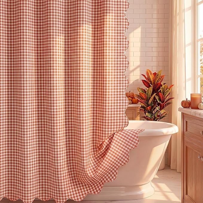 HunnmingRe Pink Ruffled Gingham Shower Curtain 72 x 72 Inch | Cotton Vintage Farmhouse Rural Plaid Shower Curtain with 12 Hooks, Bathroom Bathtubs Decor