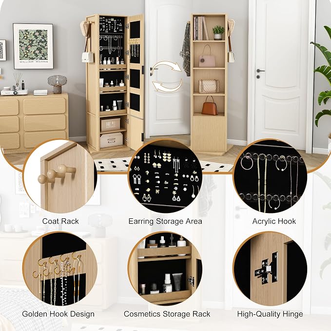 360° Rotating Makeup Jewelry Armoire Cabinet, Mirror Jewelry Cabinet Standing with a Full-Length Mirror, Storage Cabinet a Coat Rack, 4 Layers of Open 2 Layers of Built-In Shelves for Bedroom