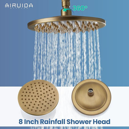 Airuida Exposed Shower System, 8 Inch Rainfall Shower Head with Handheld Spray, Single Handle Wall Mount Shower Faucet Set, Solid Brass Dual Function Exposed Pipe Fixture for Bathroom,Antique Brass