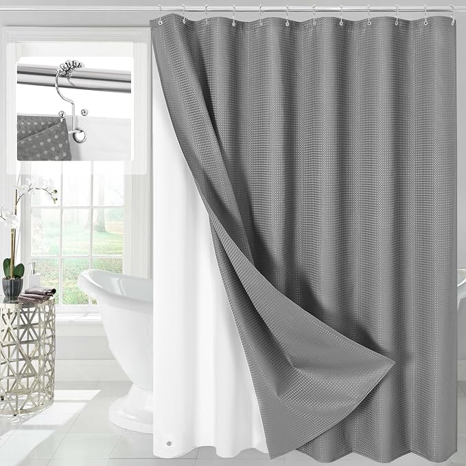 3 in 1 Grey Shower Curtain with PEVA Liner, 12 Hooks, 72x72 | Luxury Weighted Fabric Shower Curtain Set, 12 Stainless Steel Double-Sided Hooks, Water Repellent, Bathroom Decor