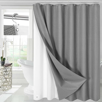 3 in 1 Grey Shower Curtain with PEVA Liner, 12 Hooks, 72x72 | Luxury Weighted Fabric Shower Curtain Set, 12 Stainless Steel Double-Sided Hooks, Water Repellent, Bathroom Decor
