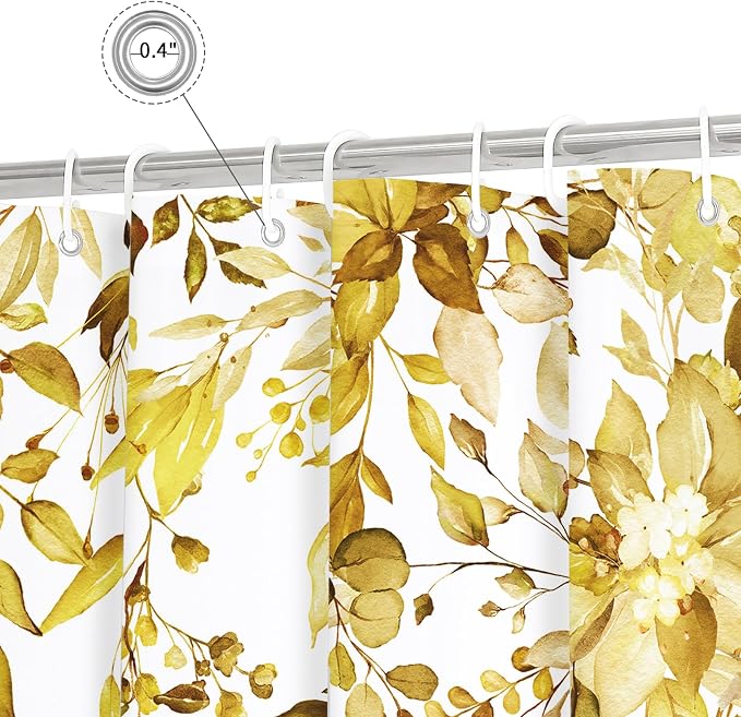 Yellow Eucalyptus Shower Curtain, Watercolor Floral Print, 72x72 | Watercolor Plant Leaves Floral Print, Waterproof Fabric Bathroom Decor, Machine Washable, Rustproof Grommets