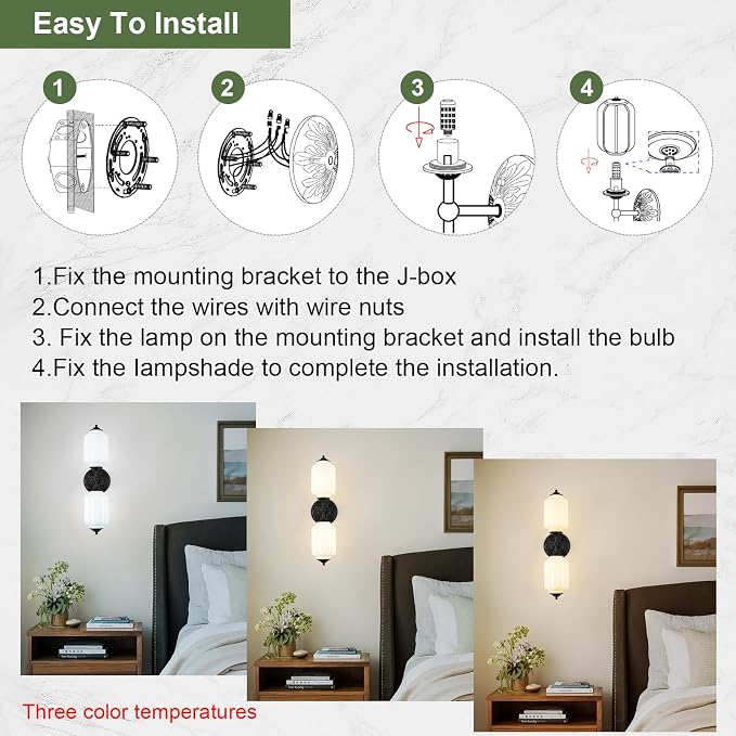 Vintage Milk Glass Bathroom Vanity Light, 2-Light Vintage Wall Sconce with Antique Brass Finish Base & White Glass Shad, Wall Sconce Lighting for Mirror, Living Room, Gallery (Bulbs Included)