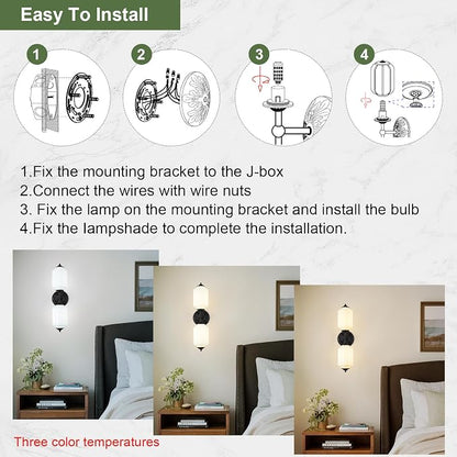 Vintage Milk Glass Bathroom Vanity Light, 2-Light Vintage Wall Sconce with Antique Brass Finish Base & White Glass Shad, Wall Sconce Lighting for Mirror, Living Room, Gallery (Bulbs Included)