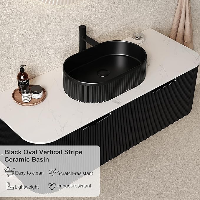 48 inch Floating Bathroom Vanity with Sink, Plywood Bathroom Vanities with Oval Ceramic Basin and Marble Top, 2 Large Soft-Closing Storage Drawers, Pre-Assembled Cabinet, Gloss Black