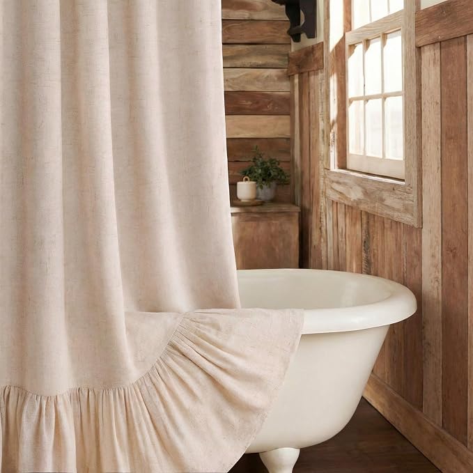 Farmhouse Shower Curtain Ruffle Linen Beige 60" W x 72" L | Linen Fabric, Farmhouse Boho, Bottom Ruffle, Rustic, Country, Natural Look, Washable, Shower Curtain for Bathroom Bathtub