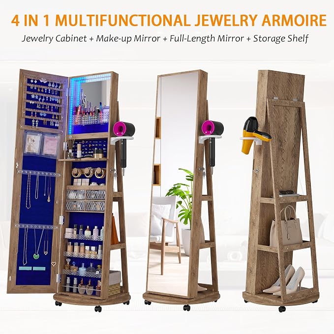 Jewelry Armoire with Full-Length Mirror, Lock and 360° Swivel Base - Walnut | SKKTKT Lockable Jewelry Cabinet - Lighted Mirror, Rotating Storage and Standing Organizer