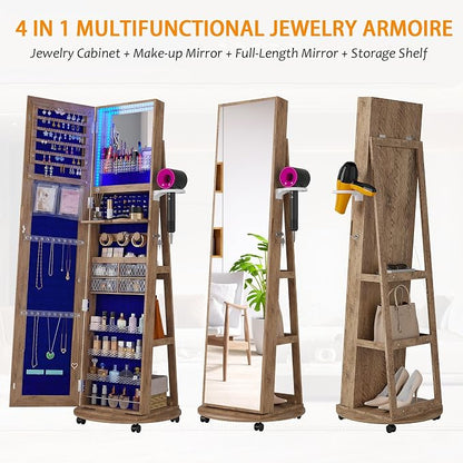 Jewelry Armoire with Full-Length Mirror, Lock and 360° Swivel Base - Walnut | SKKTKT Lockable Jewelry Cabinet - Lighted Mirror, Rotating Storage and Standing Organizer
